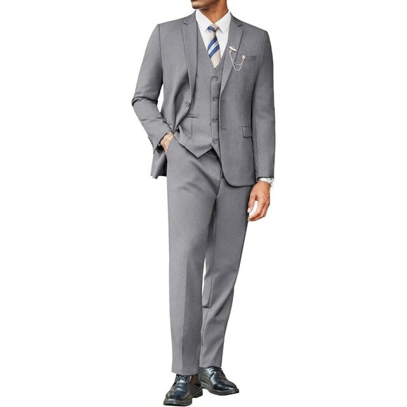 Other - Men's Light Grey 3 Pieces Suits Classic Fit 2 Buttons Dress Wedding Business